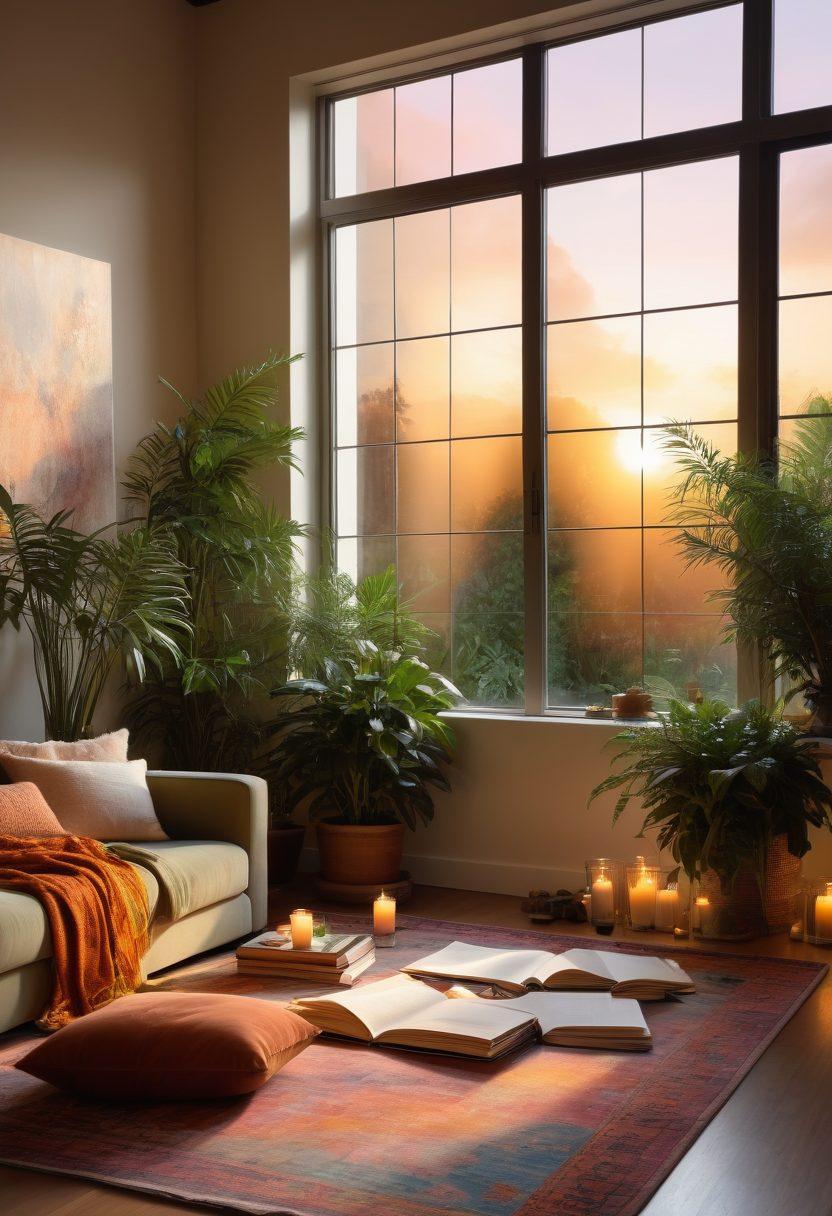 A serene luxury living space with large windows showing a tranquil sunset. In the foreground, a person sitting cross-legged on a plush rug, sketching in a journal surrounded by lush indoor plants, symbolizing creative thinking. A soft ambiance with candles and elegant decor, reflecting self-care and tranquility. The room should evoke feelings of comfort, creativity, and transformation. super-realistic. vibrant colors. soft lighting.