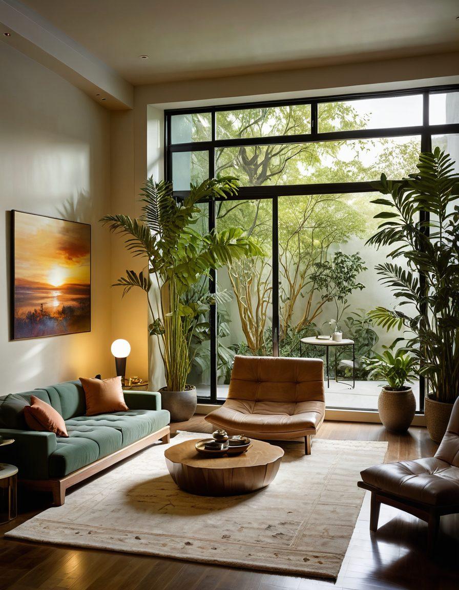 A serene, opulent living space adorned with lush greenery and soothing water features, symbolizing wellness and self-growth. Include a person meditating peacefully, surrounded by elegant furniture and soft, warm lighting that creates a tranquil atmosphere. Elements of luxury like fine fabrics and art pieces hint at a transformational journey. Imbue the scene with a vibrant sunrise filtering through large windows, representing new beginnings. super-realistic. vibrant colors. cozy ambiance.