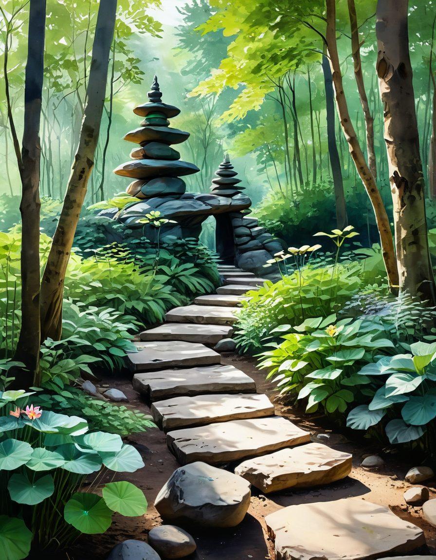 A serene landscape depicting a winding path through a lush forest, symbolizing a journey to mindfulness. Along the path, inspiring markers of achievement like a glowing lotus flower, a Zen stone tower, and a radiant sun shining through the trees. Soft, warm lighting and a tranquil atmosphere evoke feelings of well-being and achievement. watercolor painting. vibrant colors.